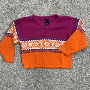 Baby Gap Sweater Toddler 24-36M Pink Orange Fair Isle Knit V-Neck Pullover